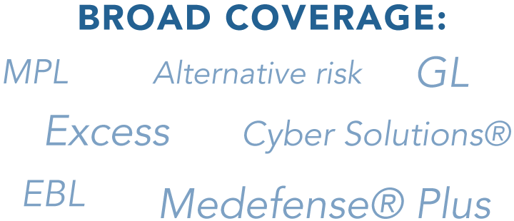 Broad Coverage: MPL, Alternative risk, Excess, Cyber Solutions®, EBL, GL, Medefense® Plus 