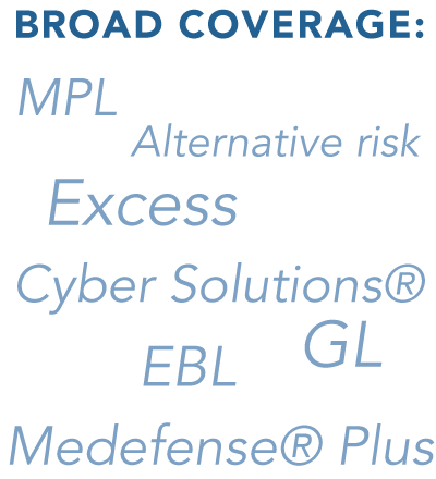 Broad Coverage: MPL, Alternative risk, Excess, Cyber Solutions®, EBL, GL, Medefense® Plus